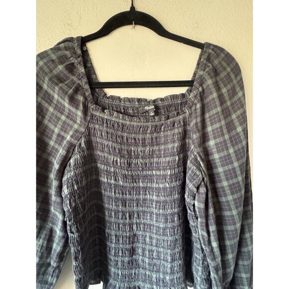 Madewell Lucie Bubble Sleeve Smocked Top Women’s Size Small Green Black Blouse - Picture 3 of 6